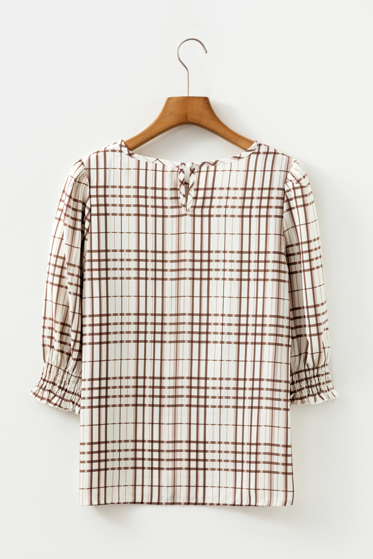 White Plaid Print Frilled Puffy Half Sleeve Blouse - loveforevers