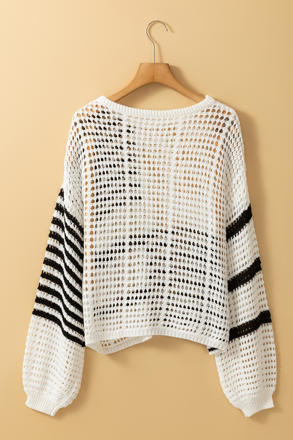 White Stripe Contrast Striped Crochet Puff Sleeve Sweater - loveforevers