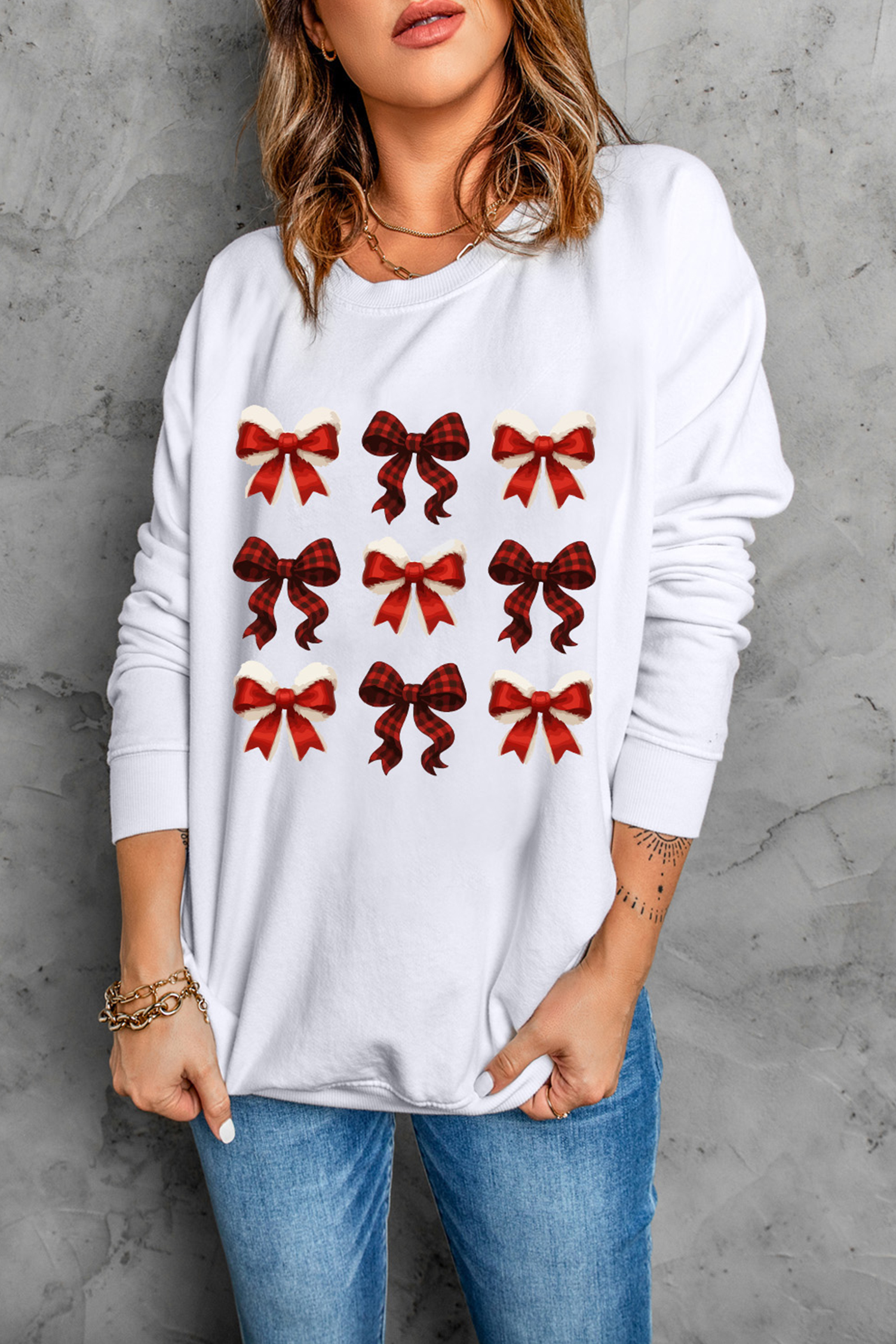 White Festive Bow Graphic Christmas Holiday Classic Sweatshirt - loveforevers
