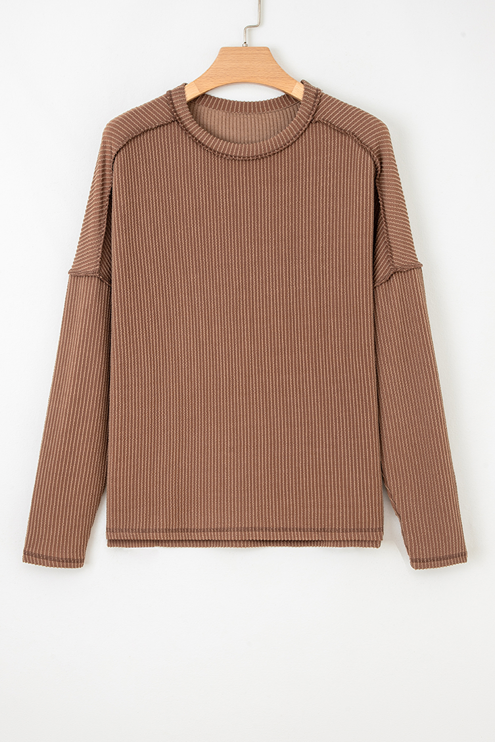 Dark Khaki Twist Ribbed Exposed Seam Detail Long Sleeve Loose Top - loveforevers