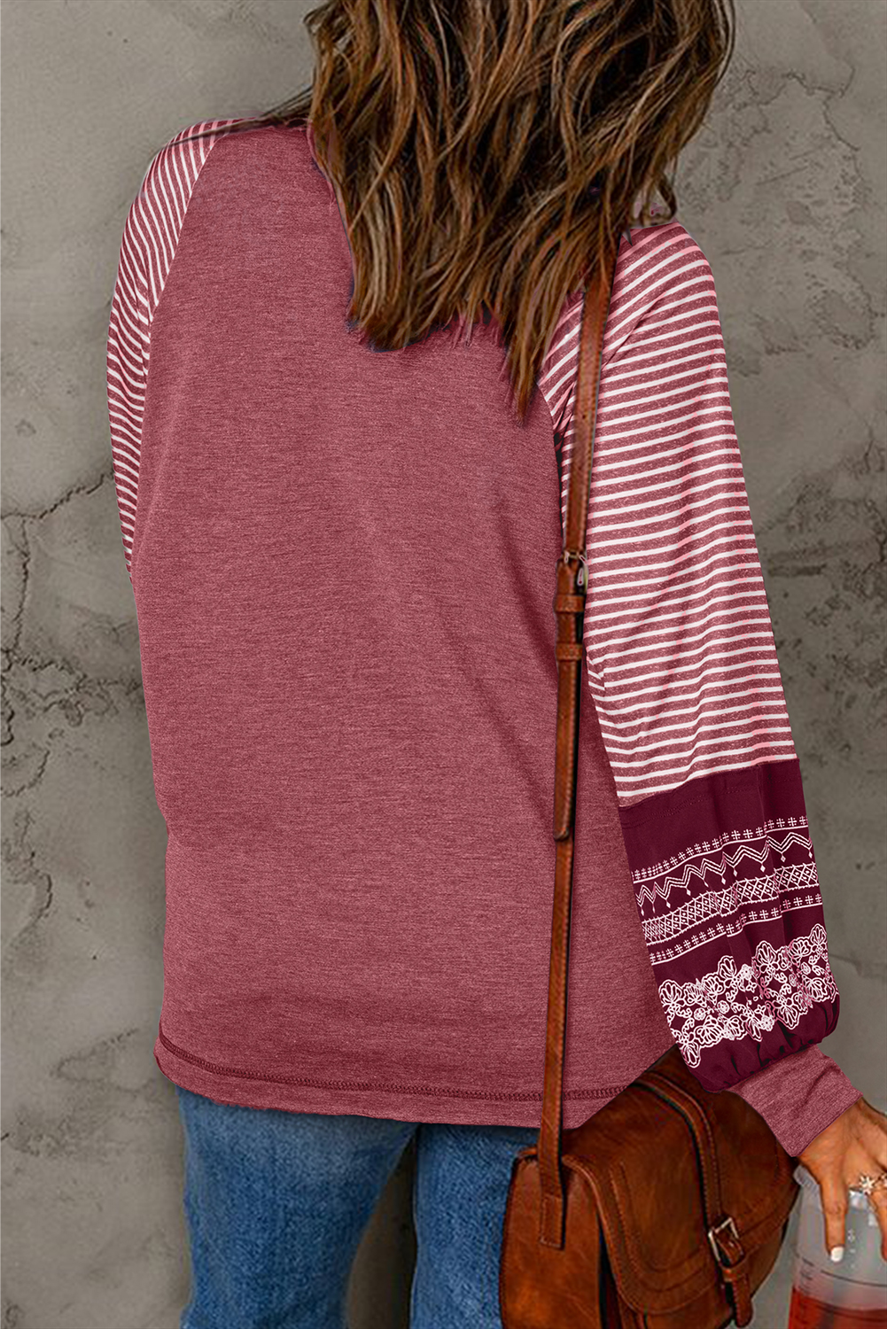 Tillandsia Purple Contrast Print Striped Raglan Long Sleeve Loose Top - loveforevers