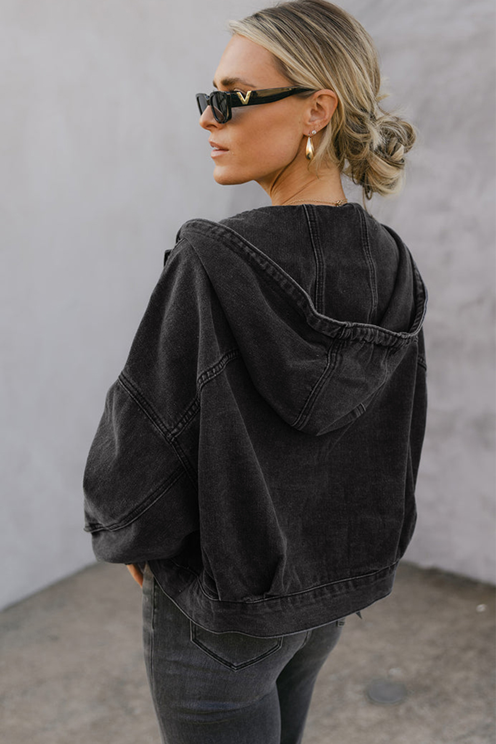 Black Big Chest Pocket Drop Shoulder Hooded Denim Jacket - loveforevers