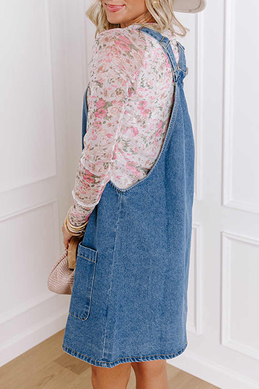Dusk Blue Wide Strap Button Front Pocketed Denim Mini Dress - loveforevers