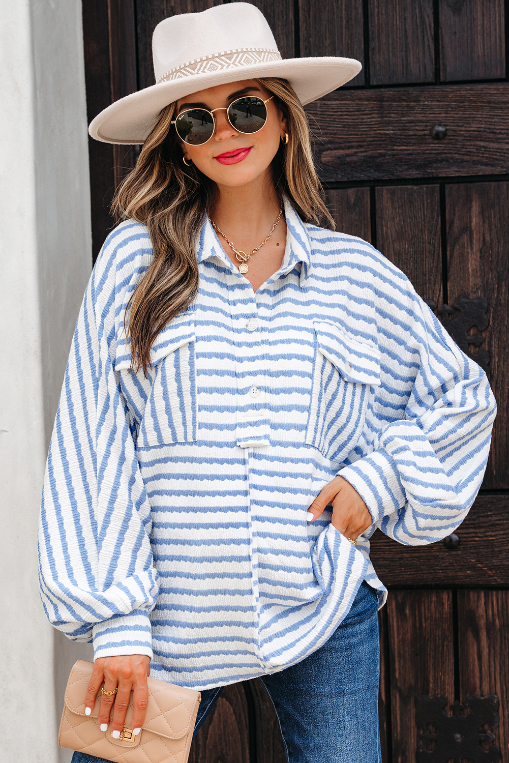 Sky Blue Stripe Half Button Collared Chest Pockets Loose Fit Blouse - loveforevers