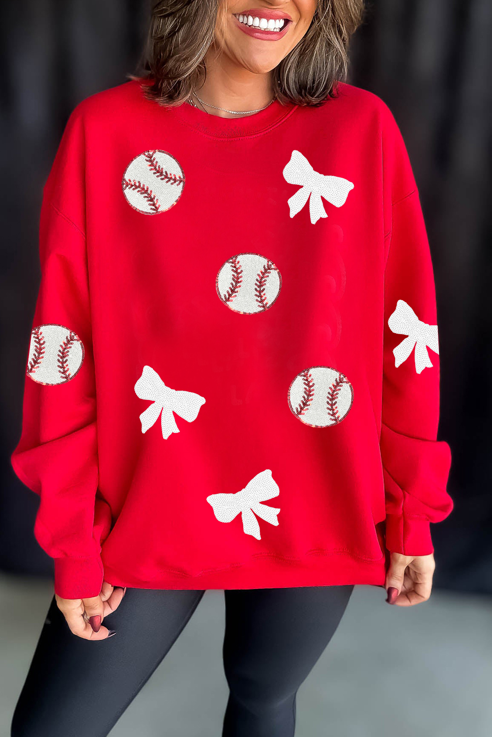 Red Sequin Baseball Bow Patched Pattern Game Day Pullover Sweatshirt - loveforevers