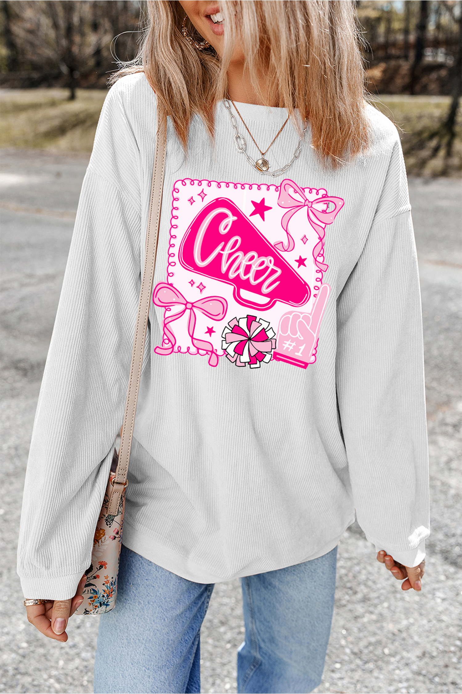 White 3D Ribbed Coquette Cheer Game Day Sweatshirt - loveforevers