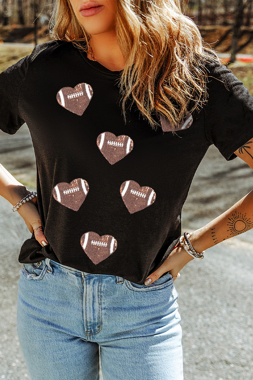 Black Rugby Football Sequin Heart Patched Graphic Tee - loveforevers