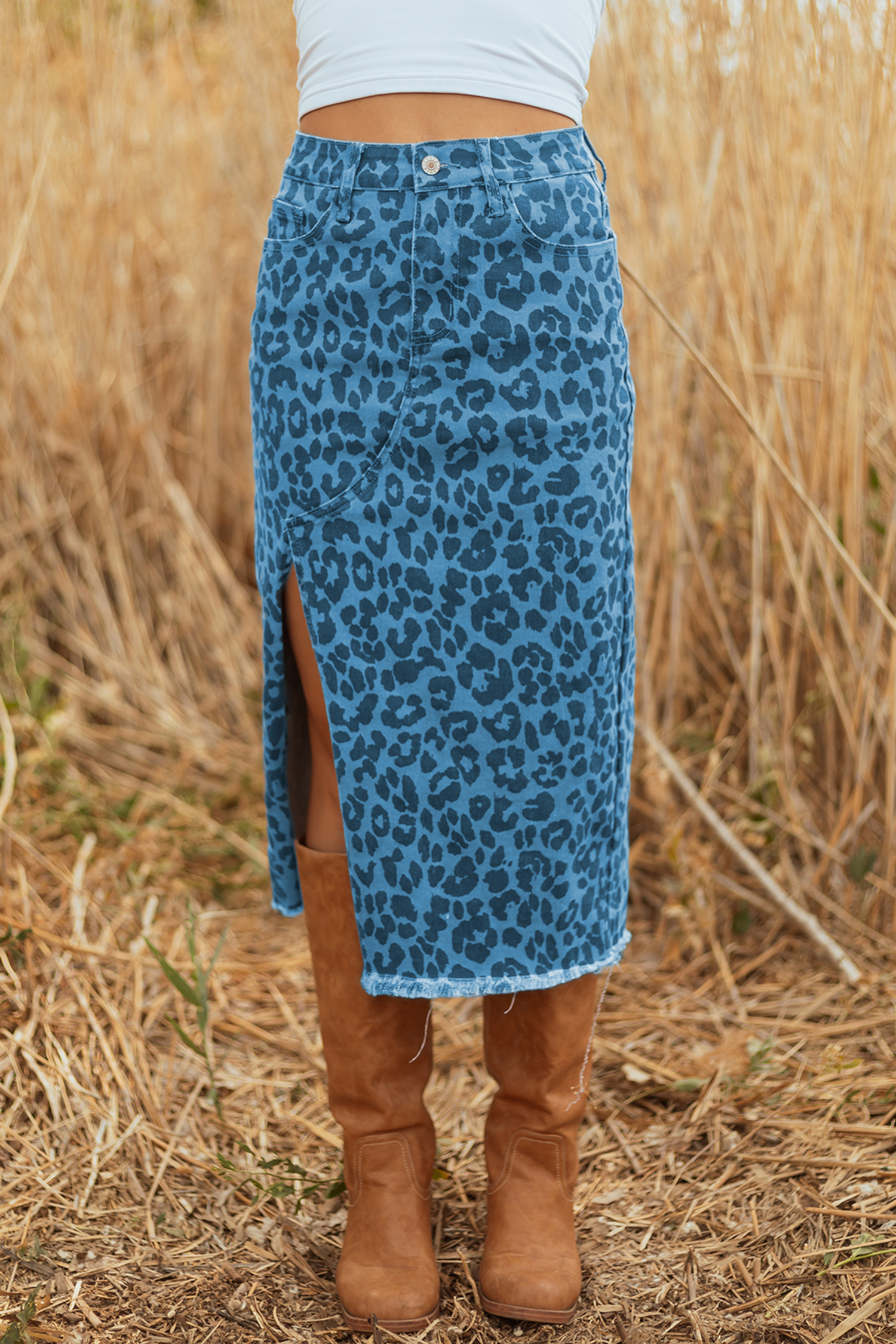 Brown Leopard Denim Frayed Split Denim Midi Skirt - loveforevers