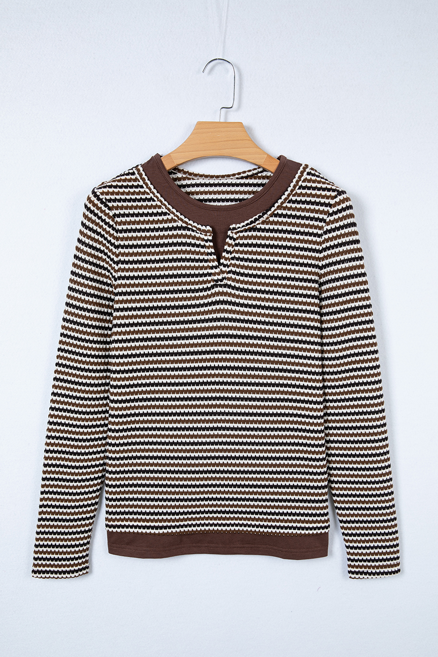 Brown Faux Two Piece Textured Striped Round Neck Long Sleeve T Shirt - loveforevers