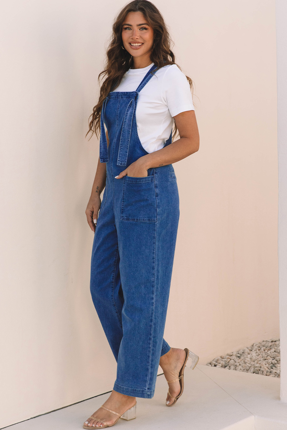 Prussian Blue Mineral Wash Knotted Strap Patched Pocket Wide Leg Denim Overall - loveforevers