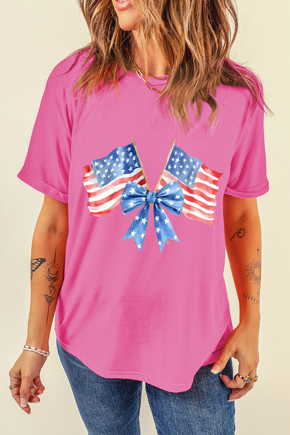 Sachet Pink Dual American Flag Bow Printed Casual T Shirt - loveforevers