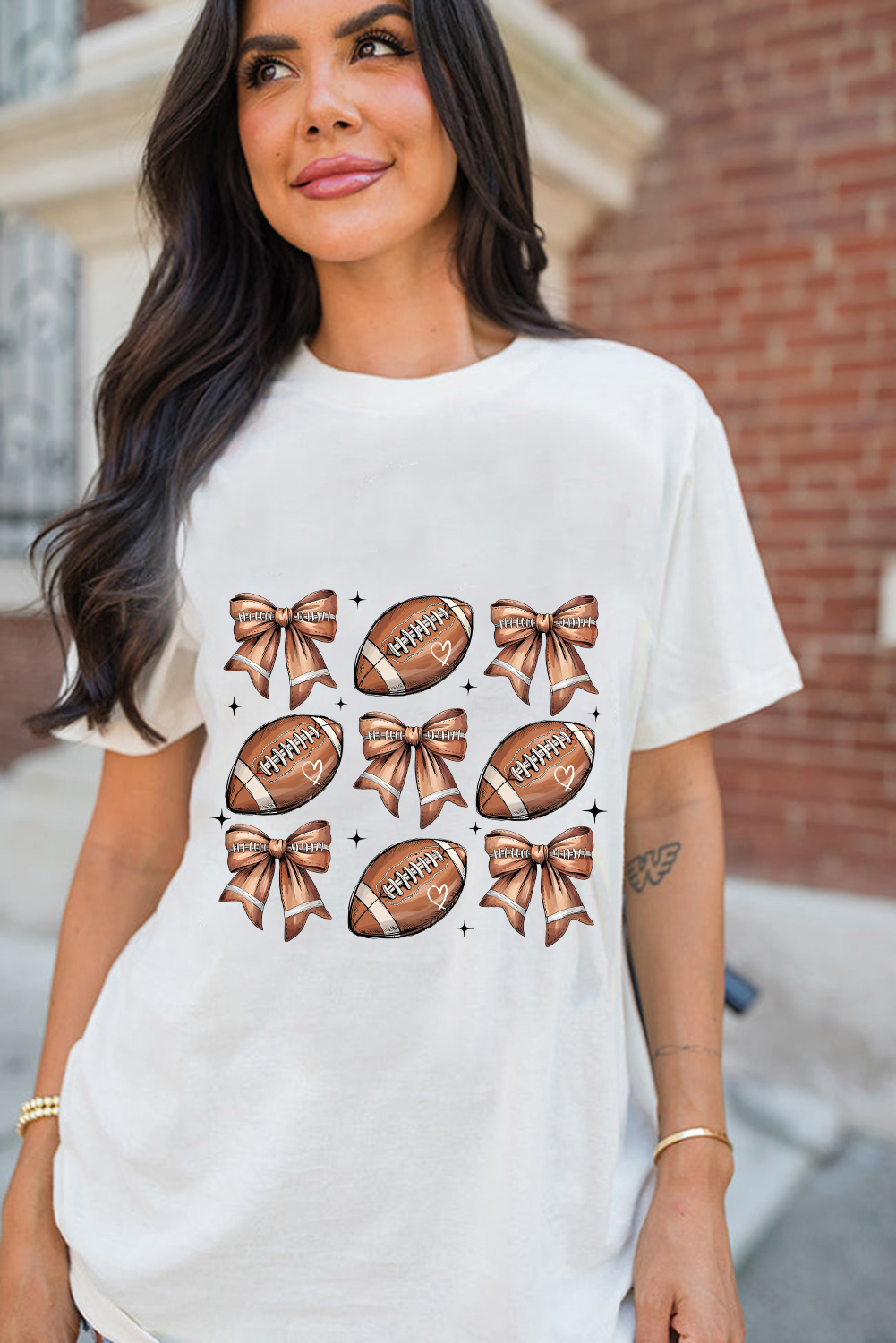 White Football Fashion Bow Print Cotton Blend T Shirt - loveforevers