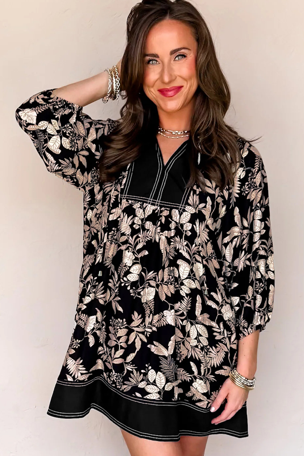 Black 3/4 Sleeve Botanical Print Split Neck Loose Mini Dress - loveforevers