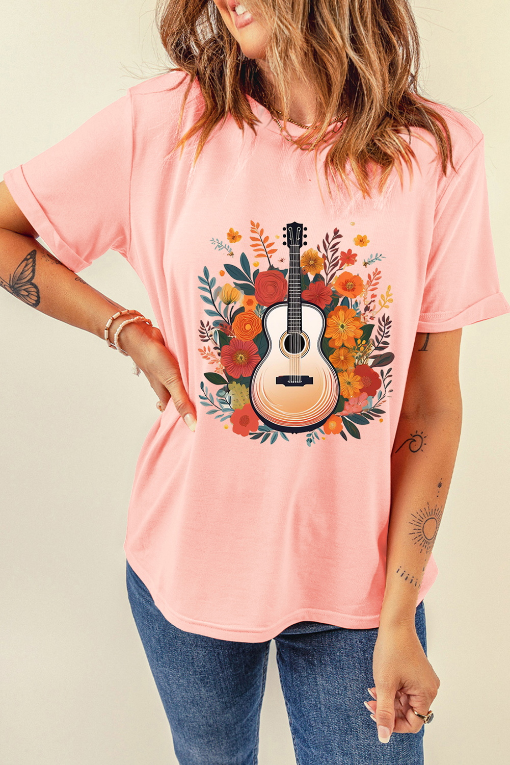 Pink Guitar Flower Print Crew Neck Loose T Shirt - loveforevers