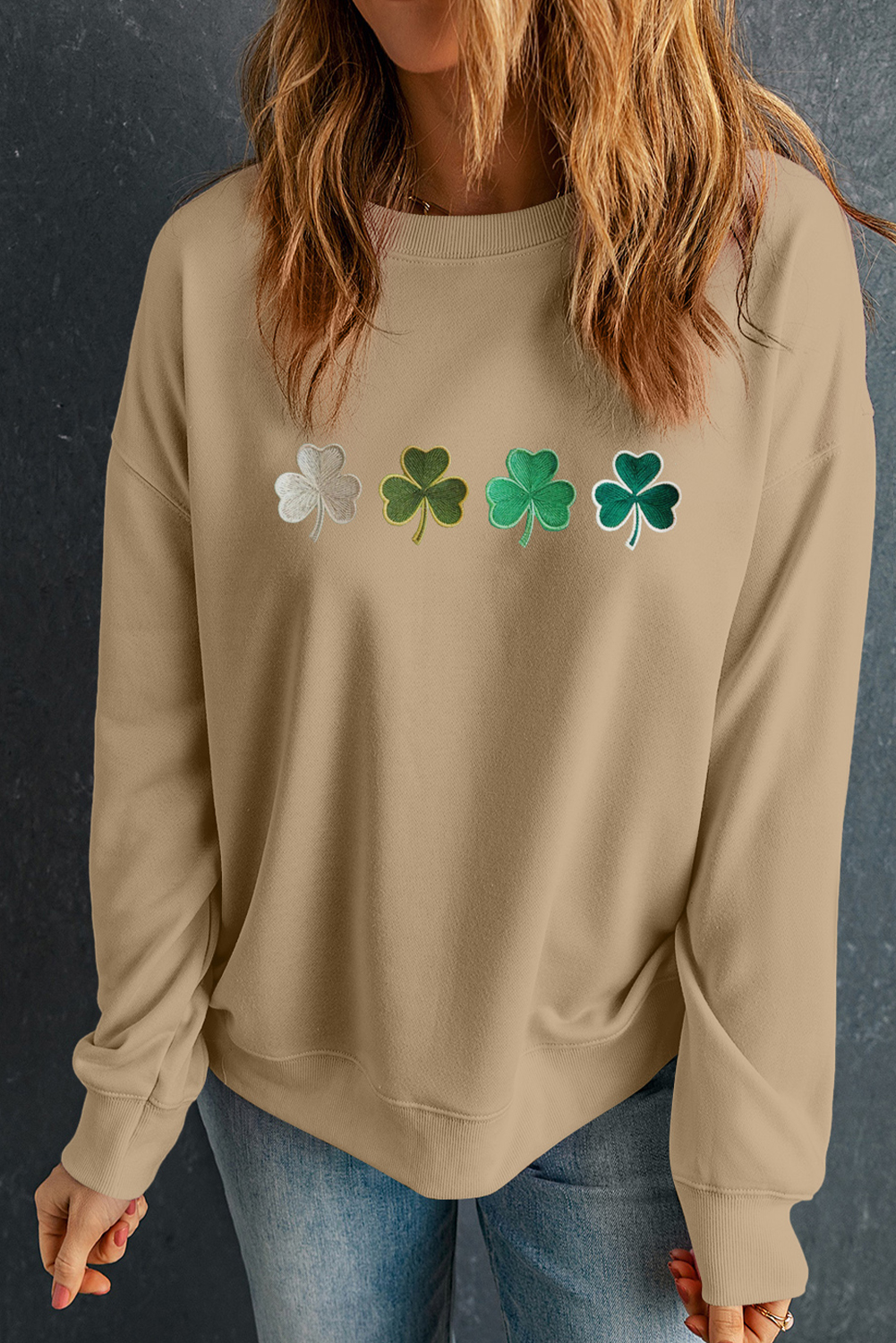 Khaki Embroidered Clover Pattern St Patrick Pullover Sweatshirt - loveforevers