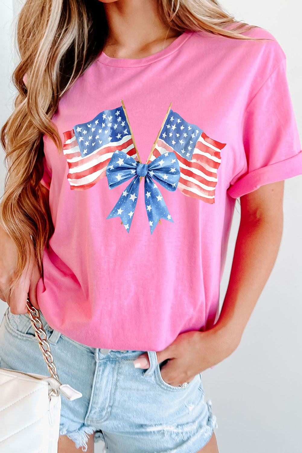Sachet Pink Dual American Flag Bow Printed Casual T Shirt - loveforevers