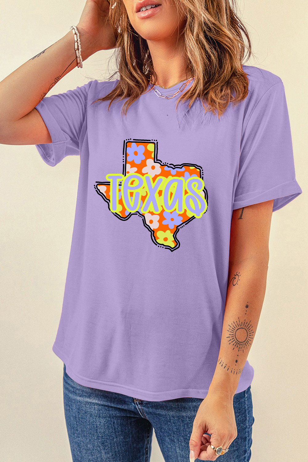 Wisteria TEXAS Flower Print Crew Neck T Shirt - loveforevers