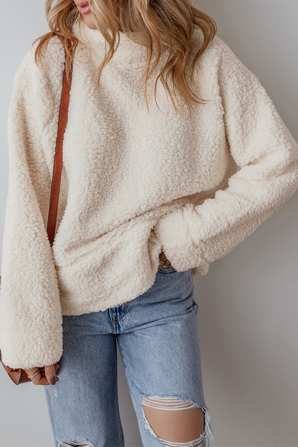 White Solid Fleece High Neck Drop Shoulder Pullover Sweatshirt - loveforevers