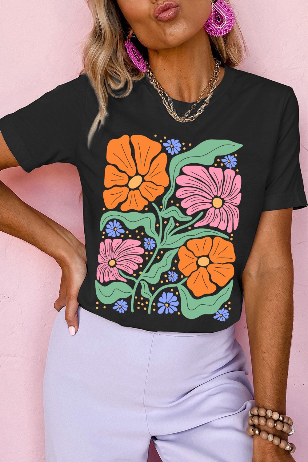 Black Colorful Flower Graphic Crewneck Summer Tee - loveforevers