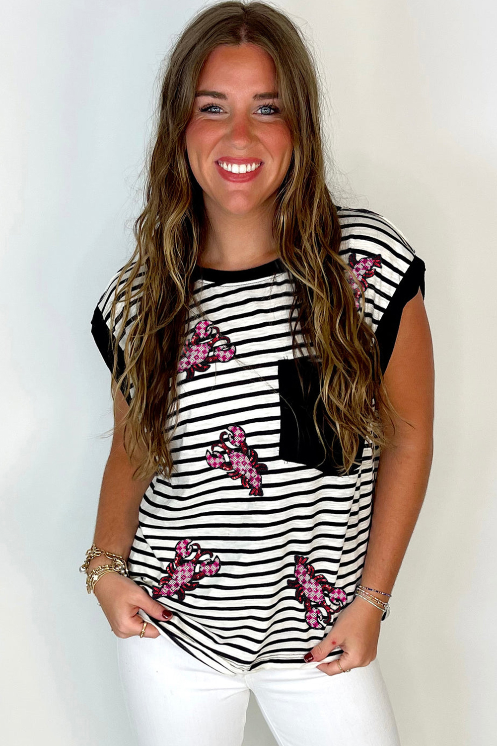 Black Stripe Sequined Lobster Patched Pocket Casual Tank Top - loveforevers