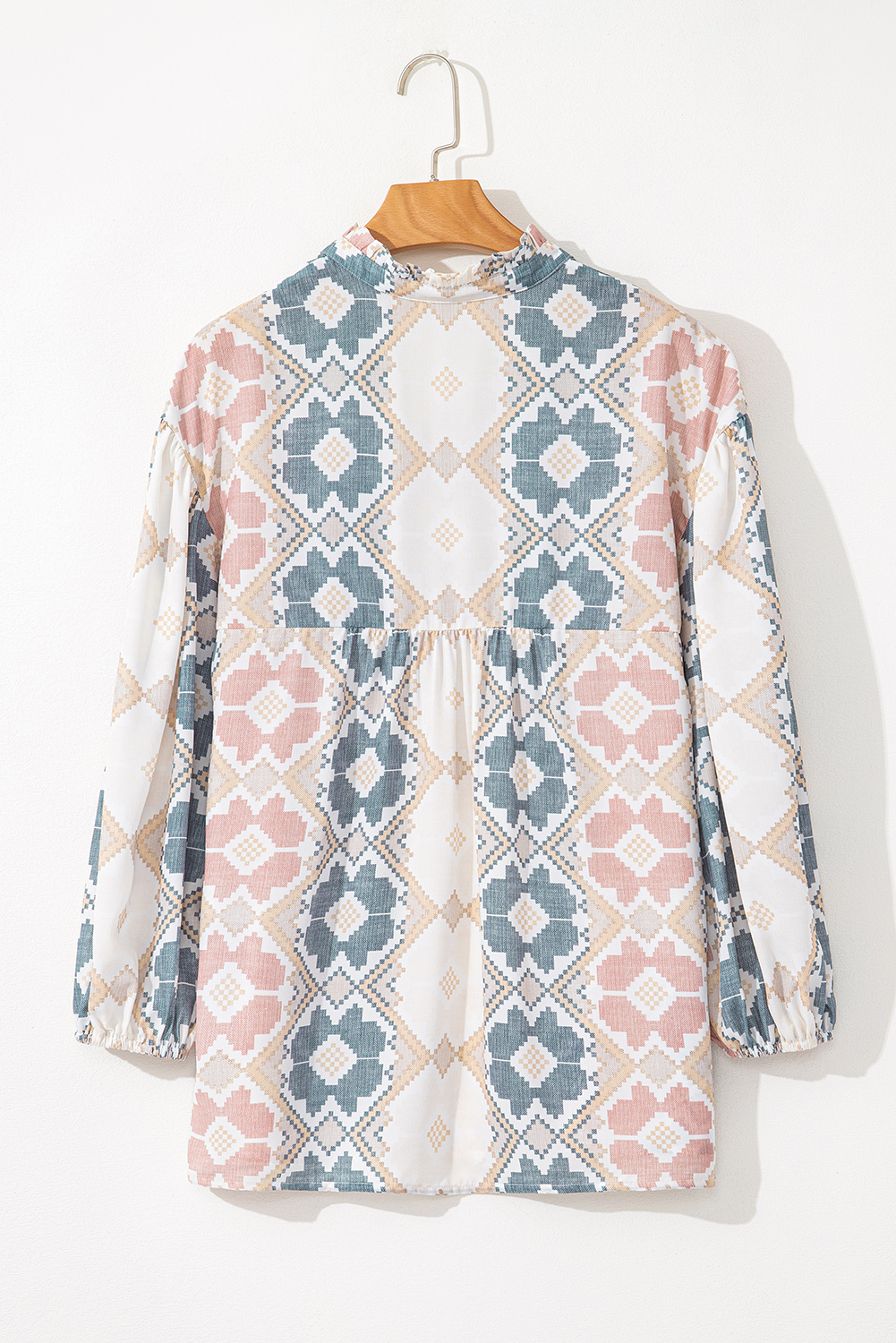 Khaki Geometric Print Tassel Tie Split Neck Balloon Sleeve Blouse - loveforevers