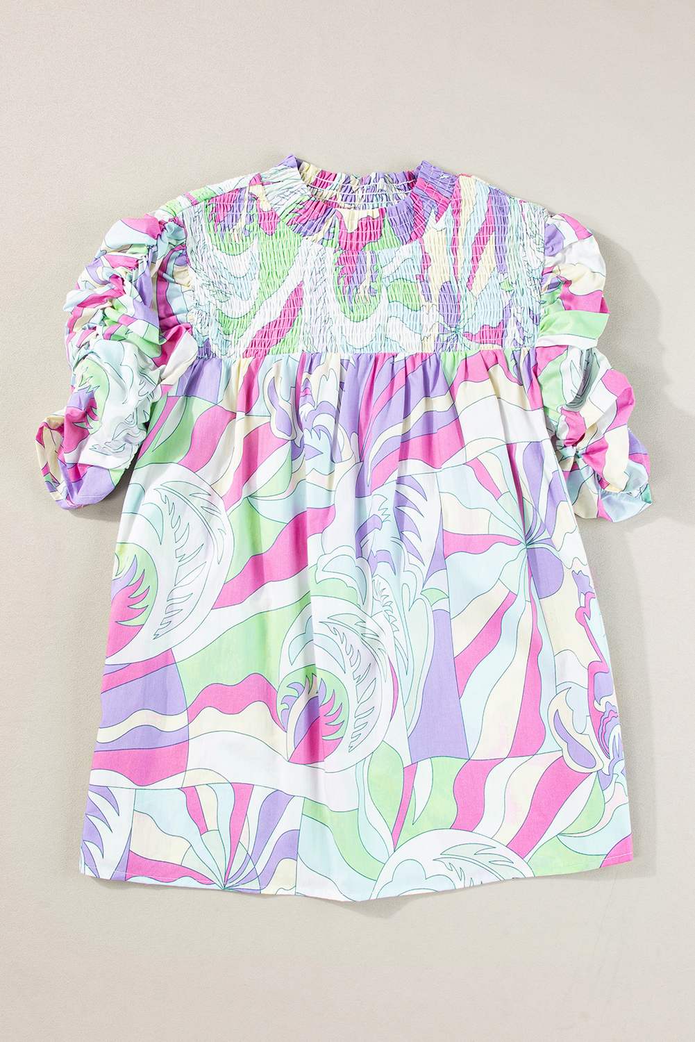 Green Abstract Print Bubble Sleeve Smock Detail Blouse - loveforevers