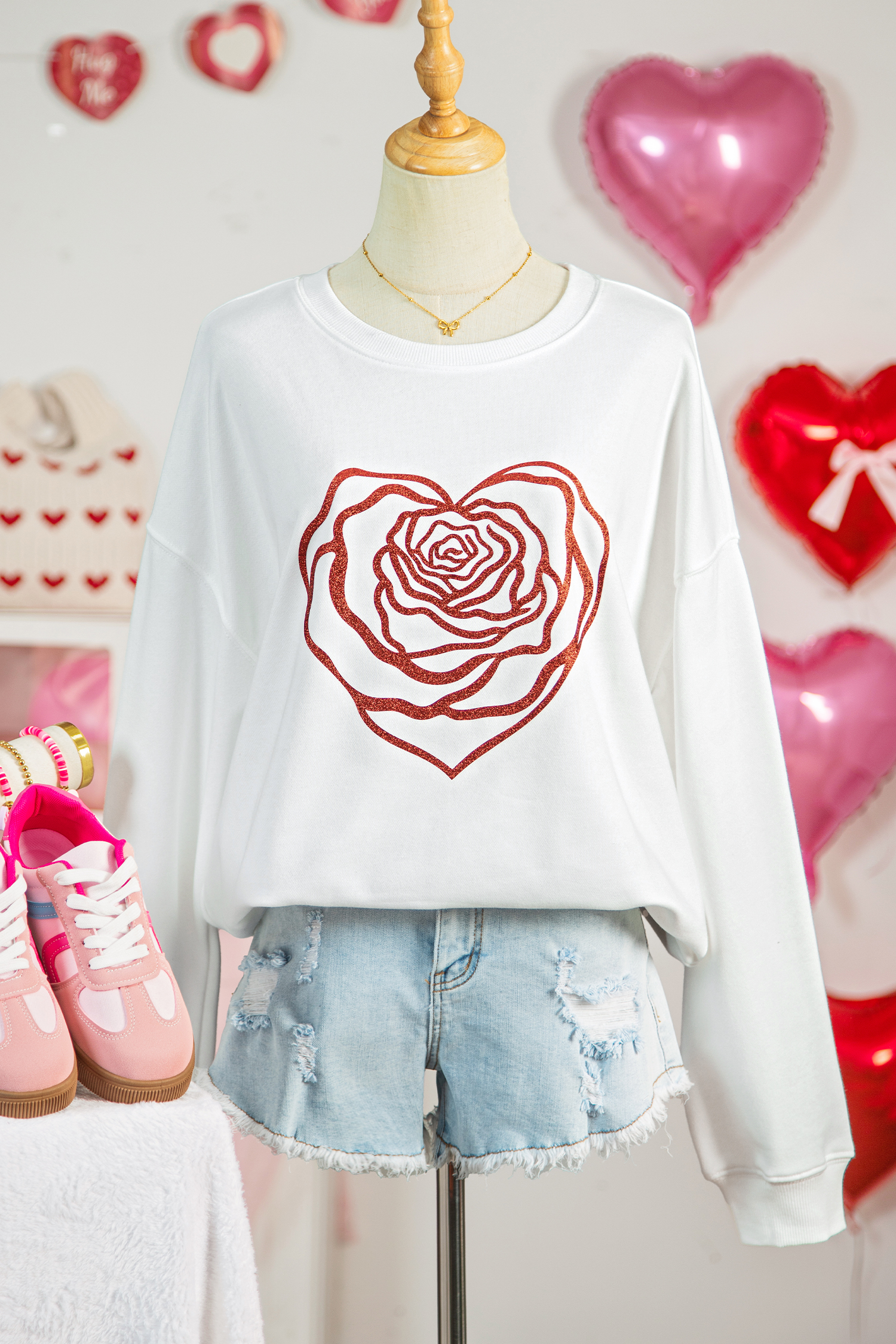 White Love Rose Shimmer Foil Printed Drop Shoulder Sweatshirt - loveforevers