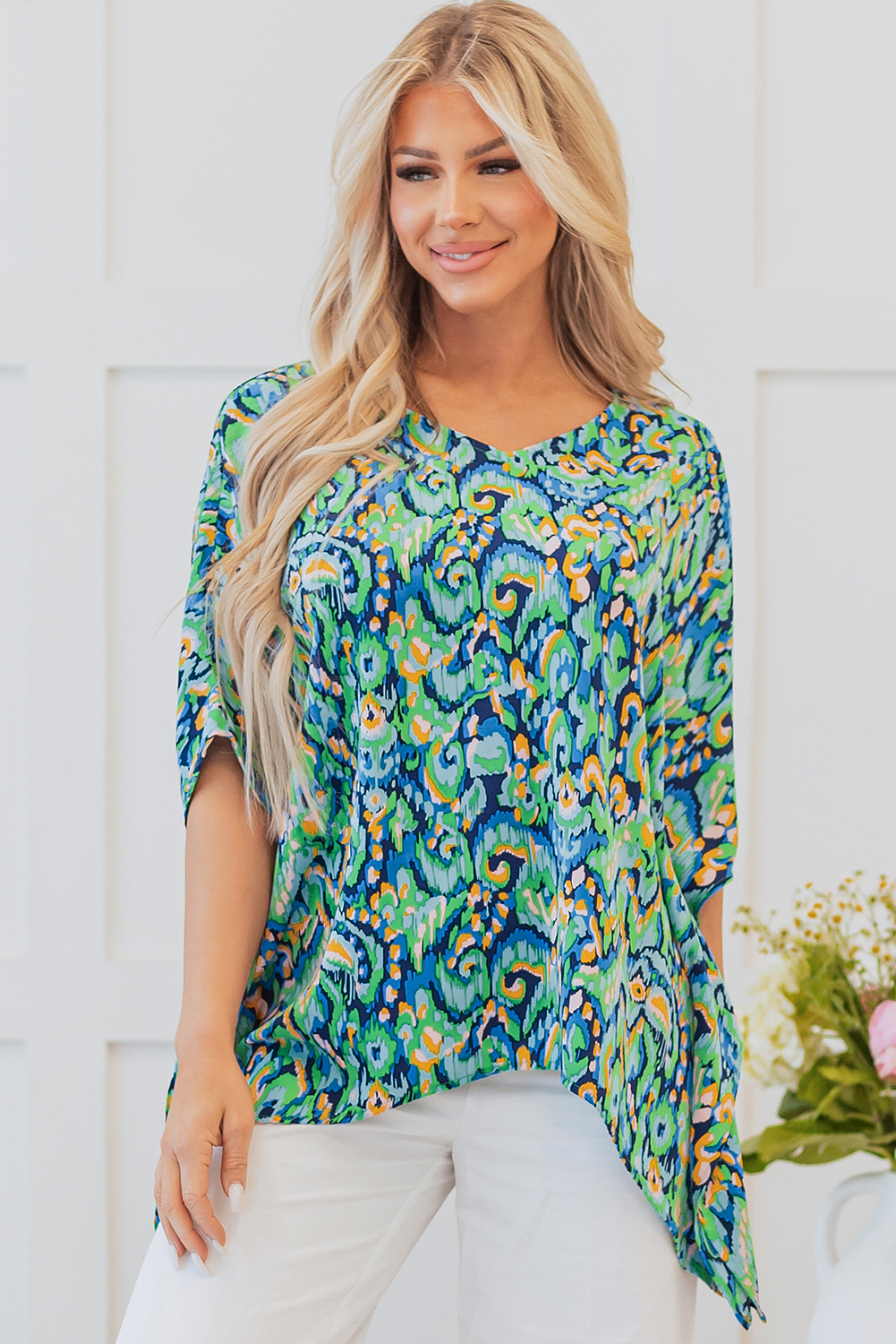 Pink Abstract Print V Neck Half Sleeve Loose Fit Tunic Blouse - loveforevers