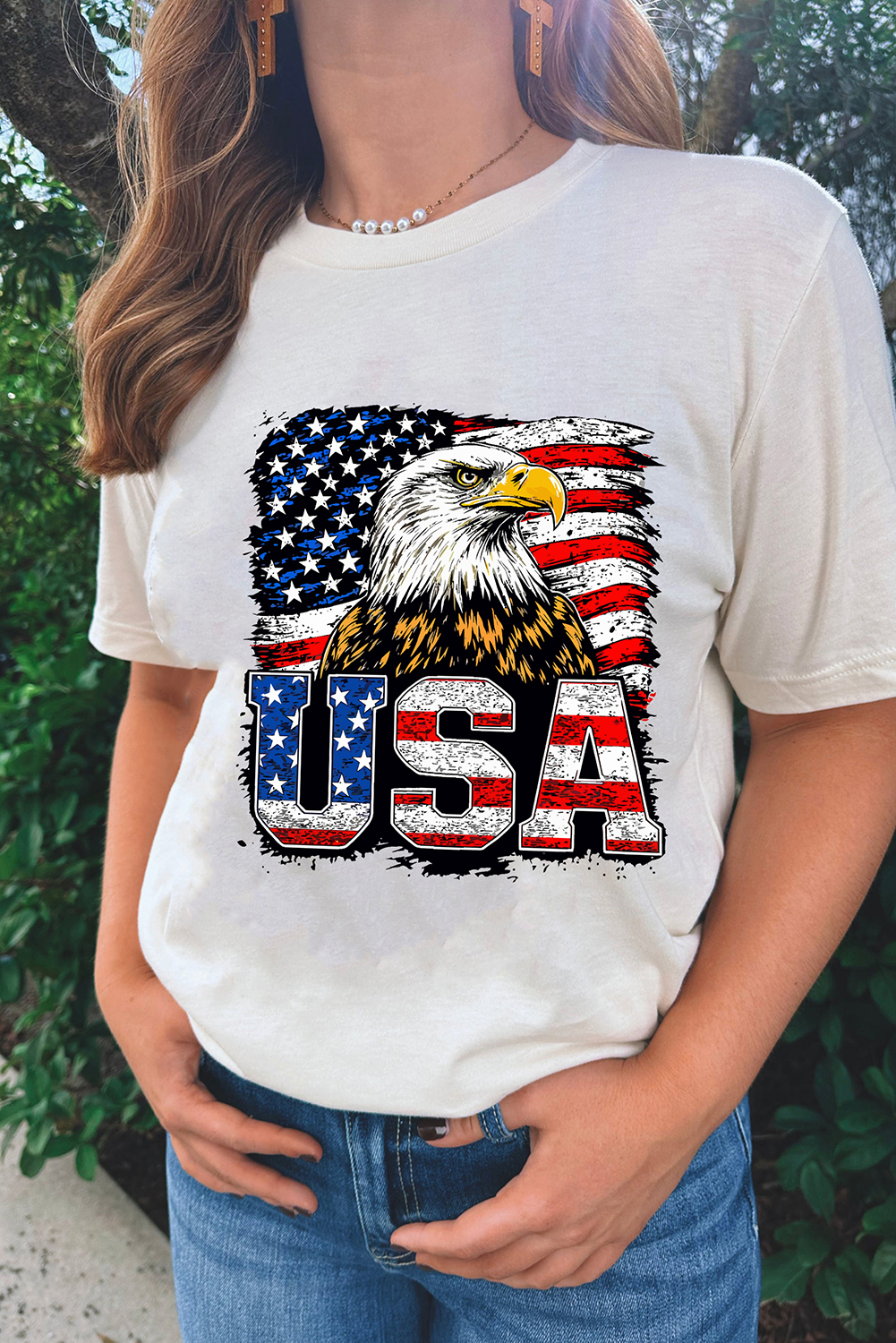 White USA Flag Eagle Graphic 4th July T Shirt - loveforevers