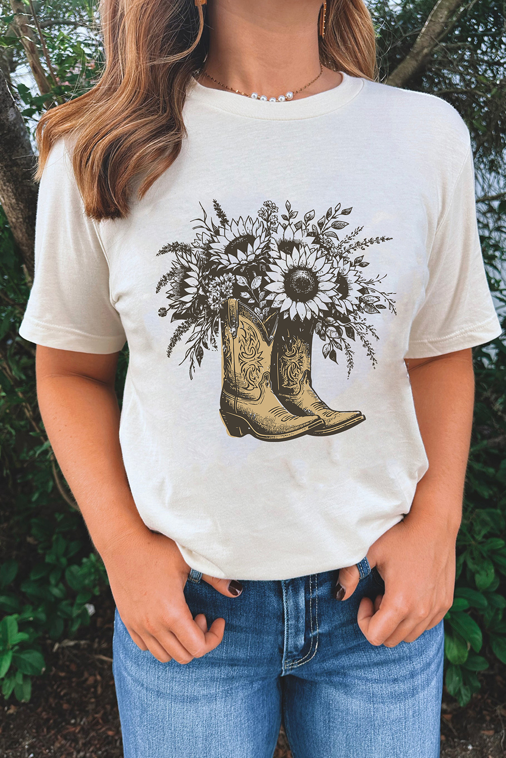White Sunflower Cowgirl Boots Cotton Blend Graphic Tee - loveforevers
