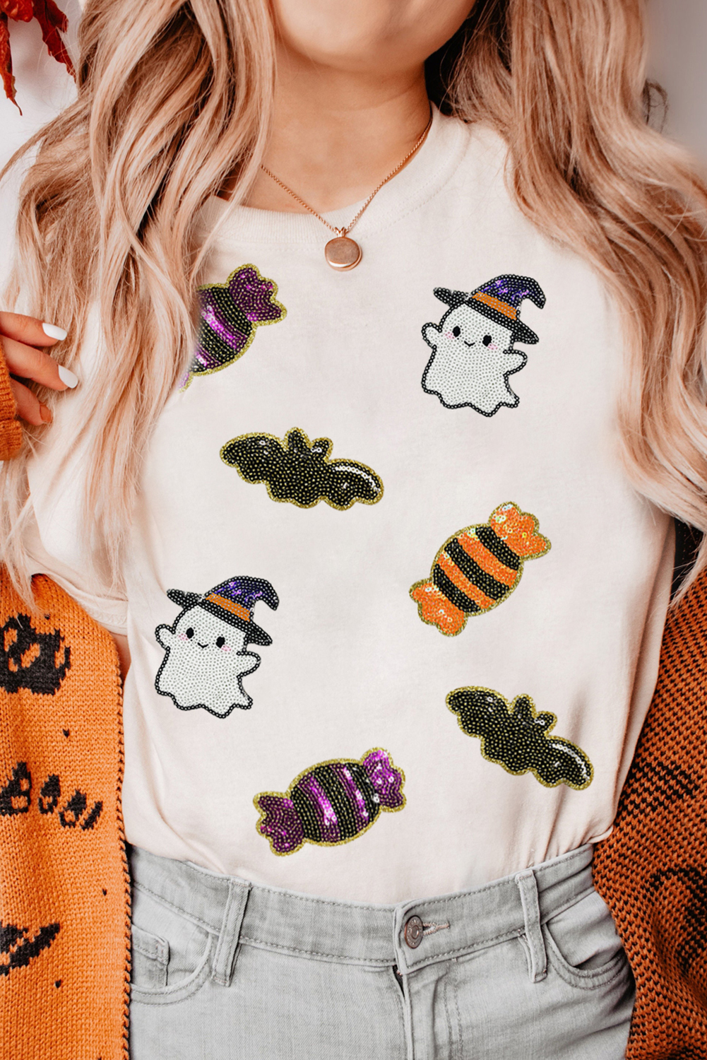 White Sequined Halloween Spirit Pattern Patched Custom Casual Tee - loveforevers