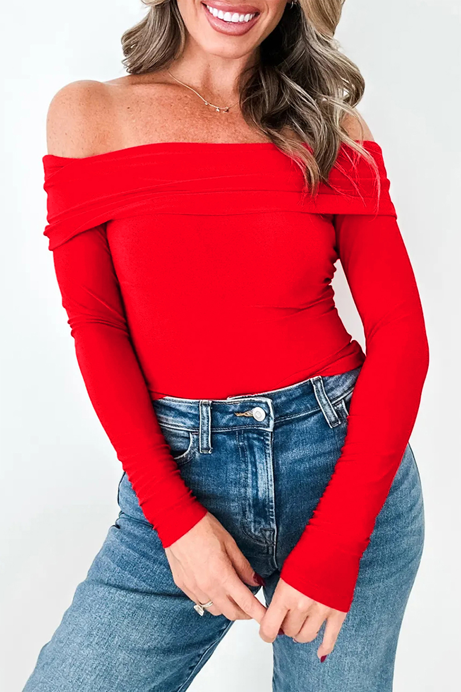 Fiery Red Foldover Off Shoulder Long Sleeve Slim Top - loveforevers