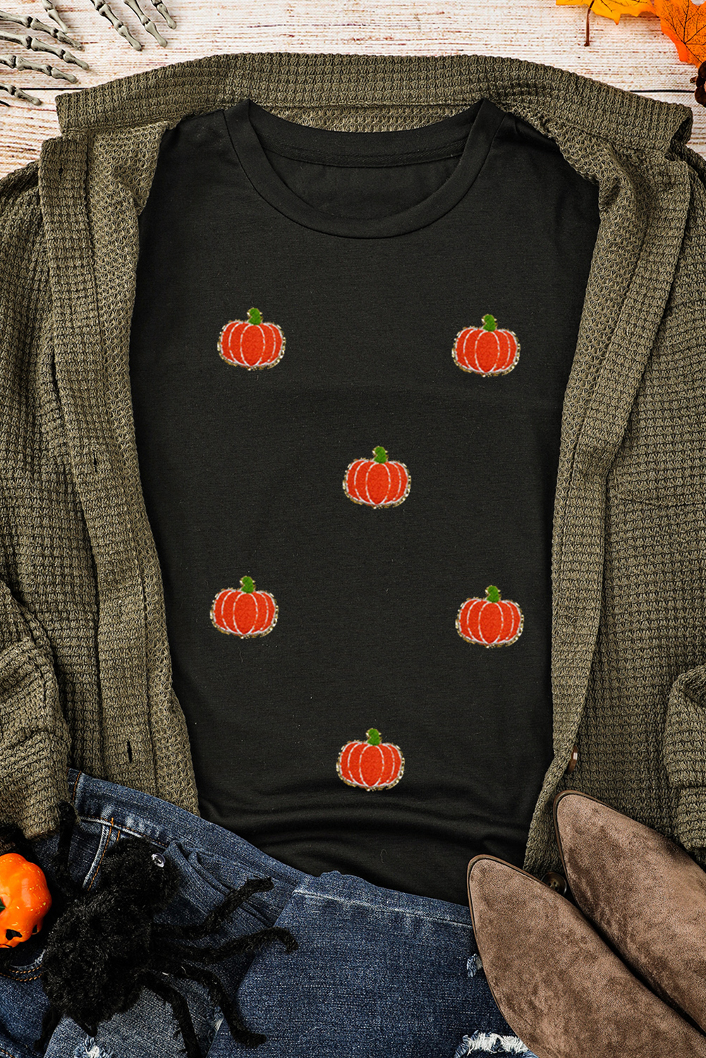 Black Chenille Pumpkin Patched Casual Cotton Blend T Shirt - loveforevers