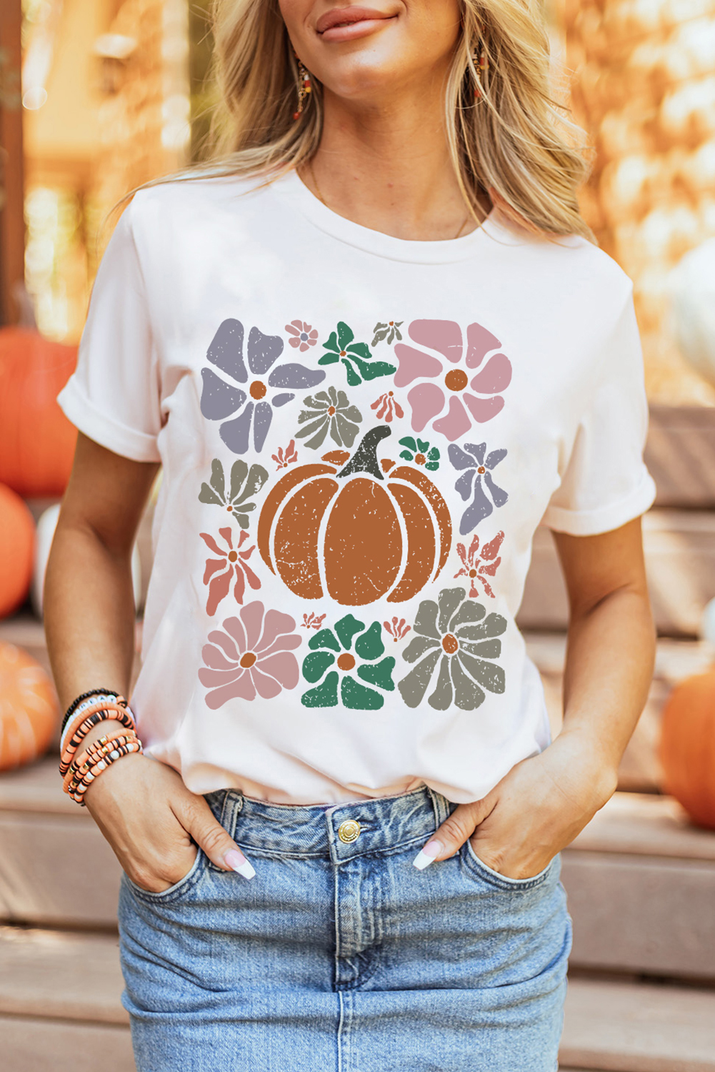 White Flower Pumpkin Distressed Graphic T Shirt - loveforevers