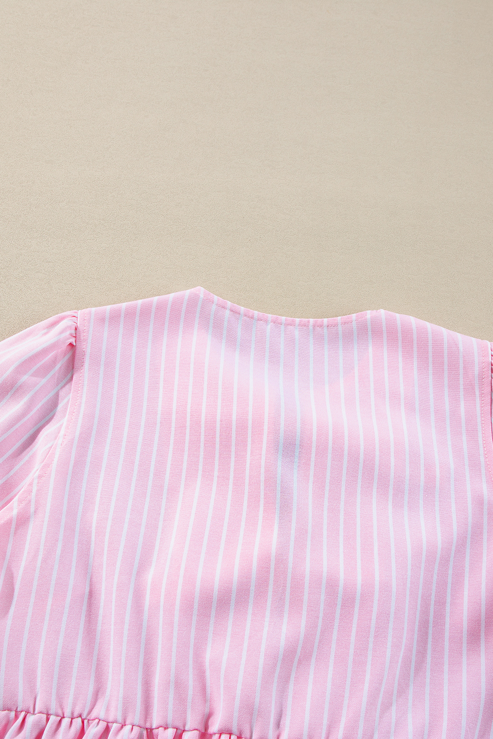 Pink Stripe Bowknot Front Crew Neck Puff Sleeve Blouse - loveforevers