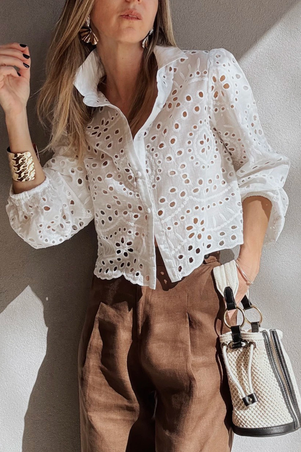 White Eyelet Embroidered Puff Sleeve Crop Shirt - loveforevers