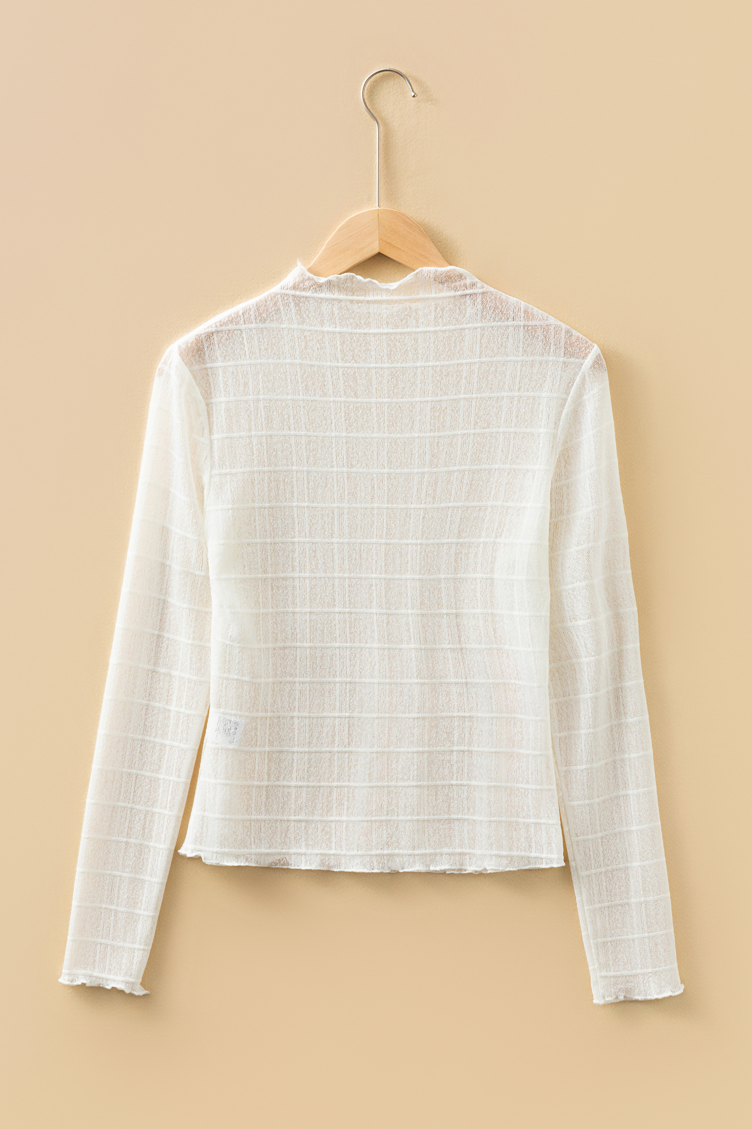 White Sheer Plaid Mesh Lettuce Trim Slim Fit Long Sleeve Top - loveforevers