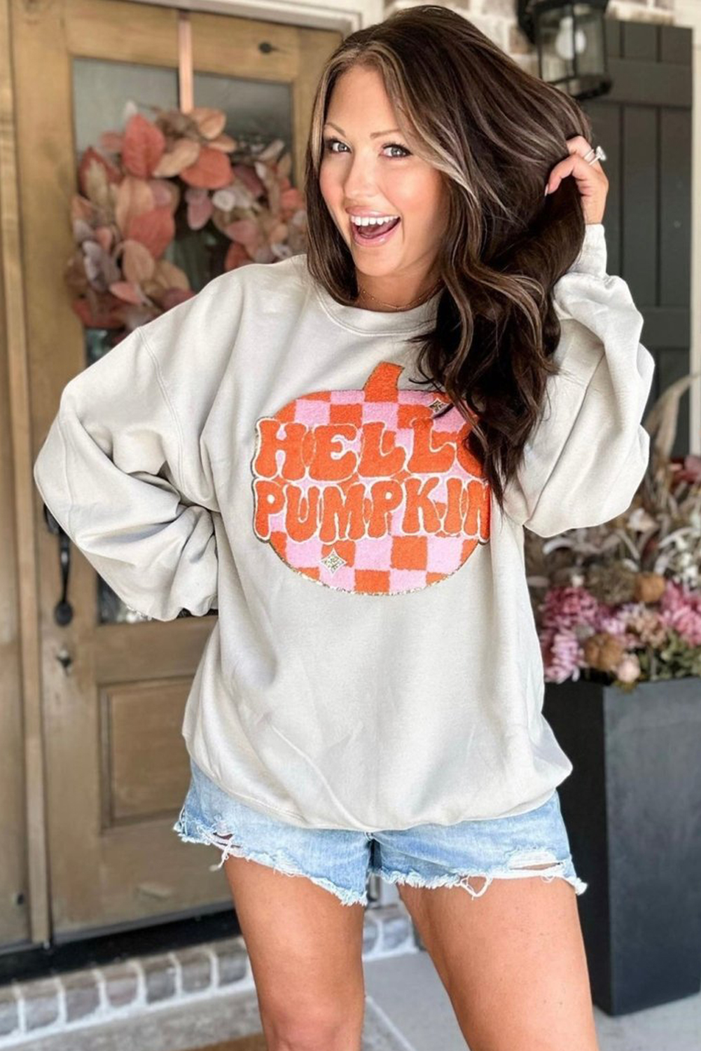 White Terry Halloween Pumpkin Patched Pattern Pullover Sweatshirt - loveforevers