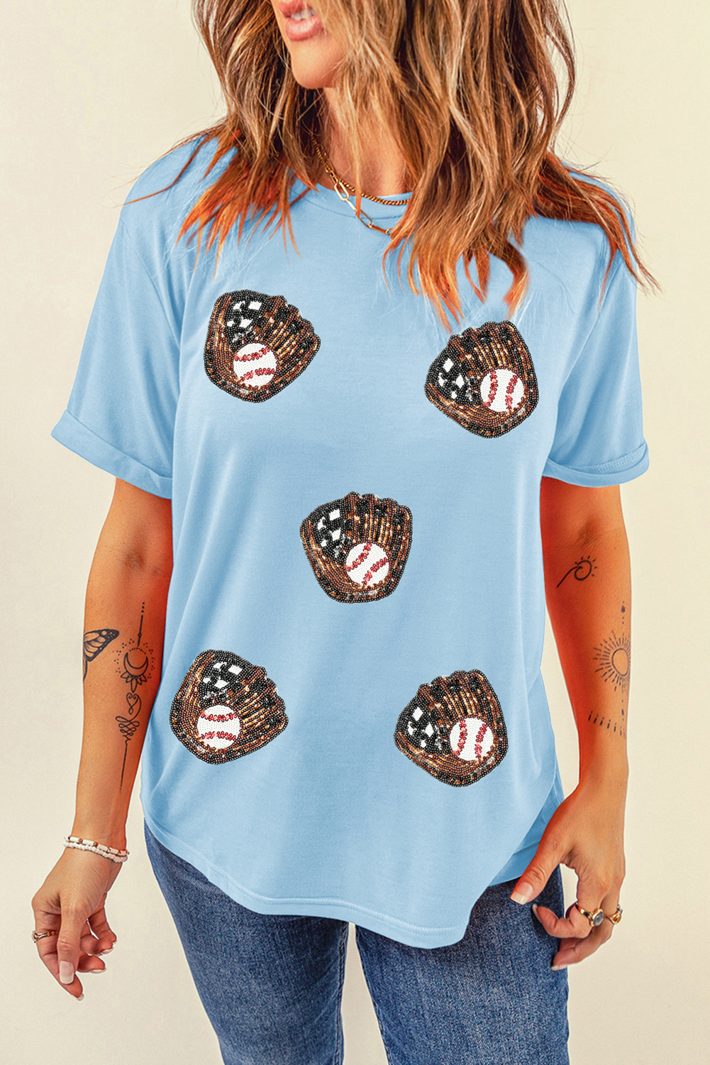Light Blue Gopher Ball Sequin Patched Casual T Shirt - loveforevers