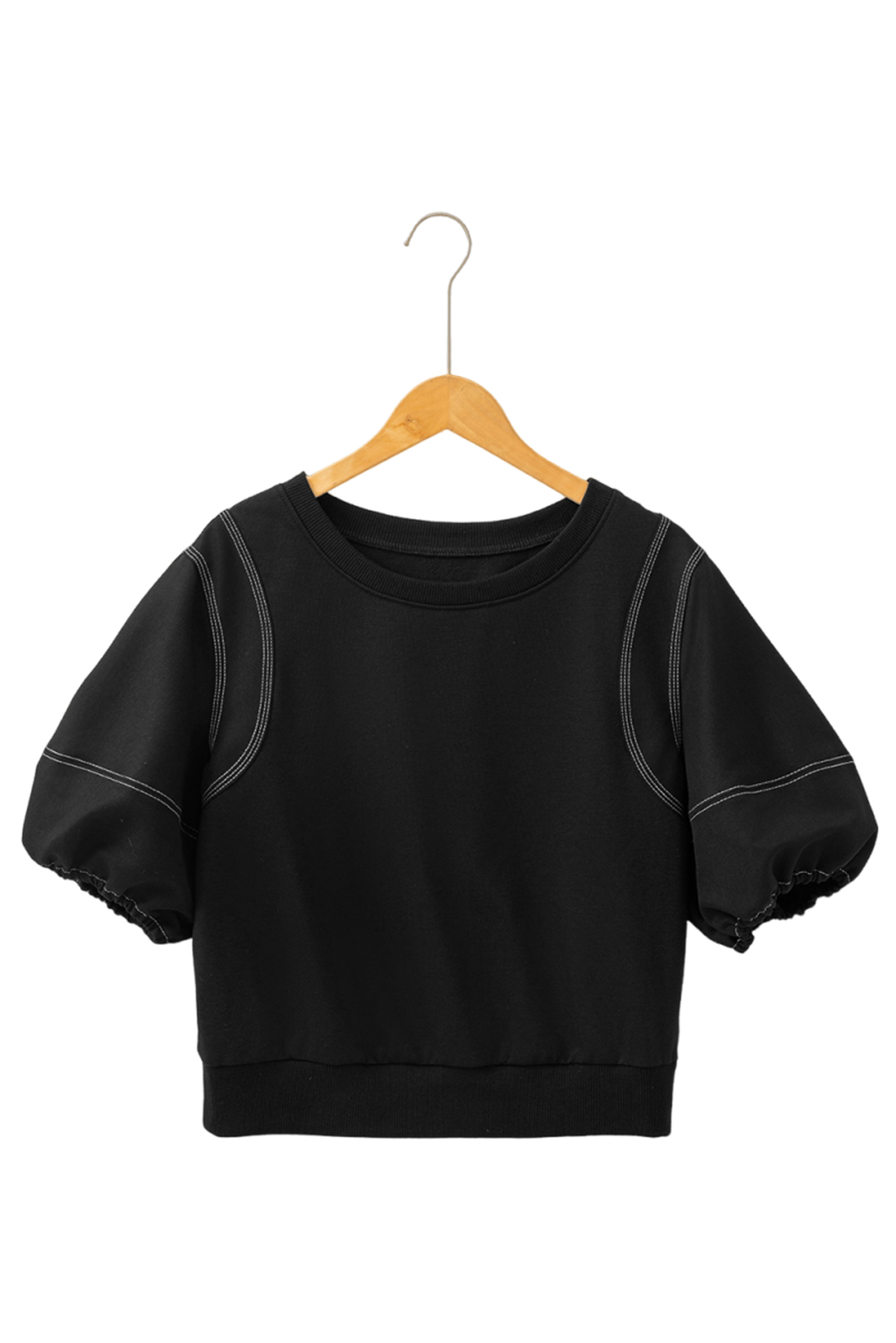 Black Contrast Stitches Detail Puffy Half Sleeve Blouse - loveforevers