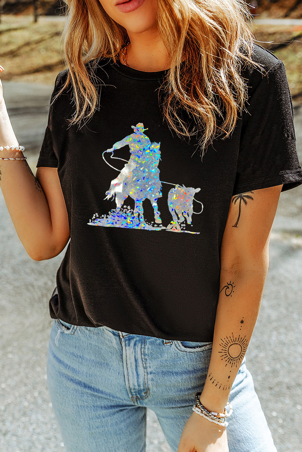 Black Laser Western Cowboy Graphic Crewneck Tee - loveforevers