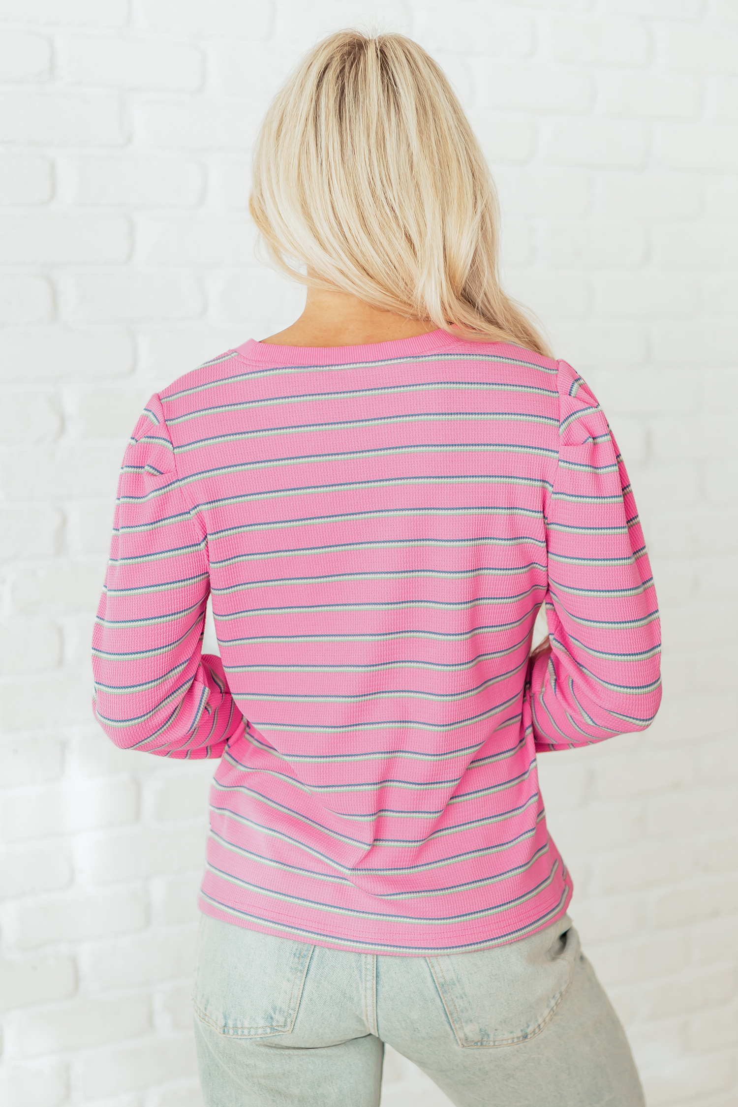 Rose Stripe Textured Knit Round Neck Long Sleeve Top - loveforevers
