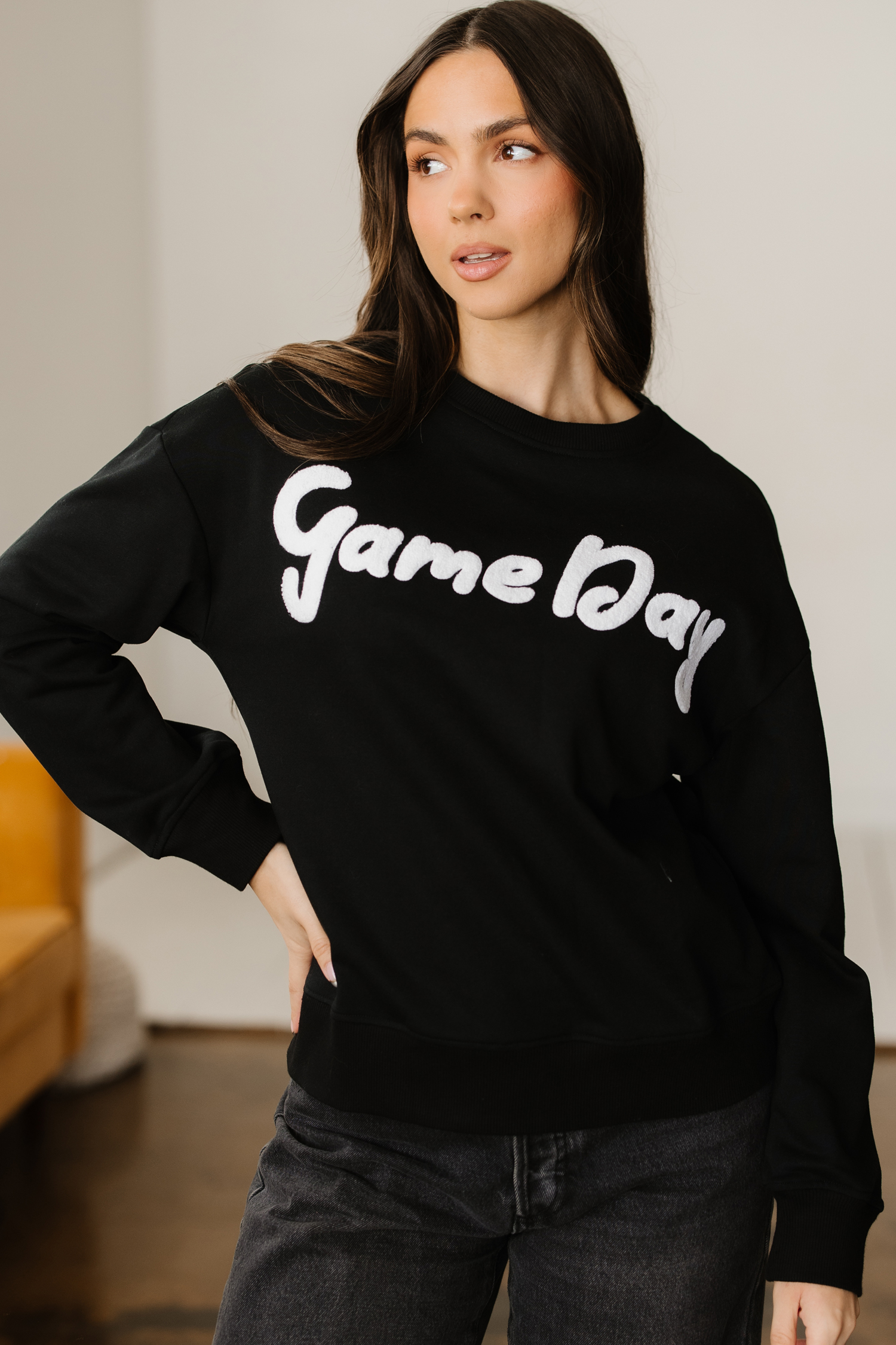 Black Chenille Game Day Graphic Drop Shoulder Sweatshirt - loveforevers