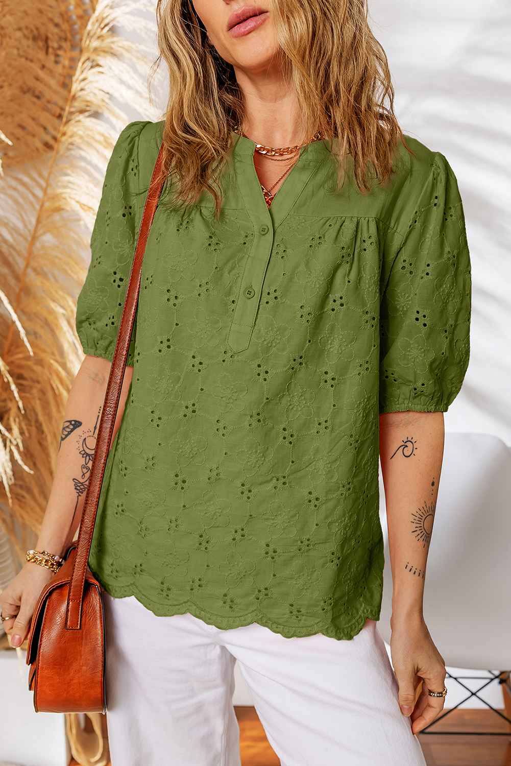 Vineyard Green Lace Crochet V Neck Half Sleeve Embroidery Button Down Blouses Casual Shirts - loveforevers