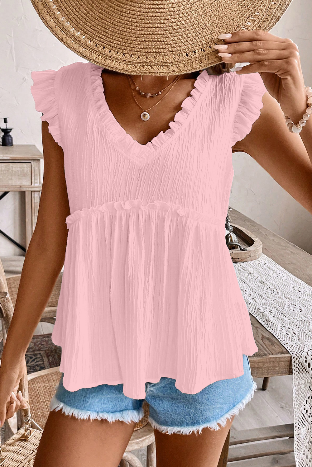 Light Pink Textured Ruffled Trim V Neck Flutter Flowy Top - loveforevers