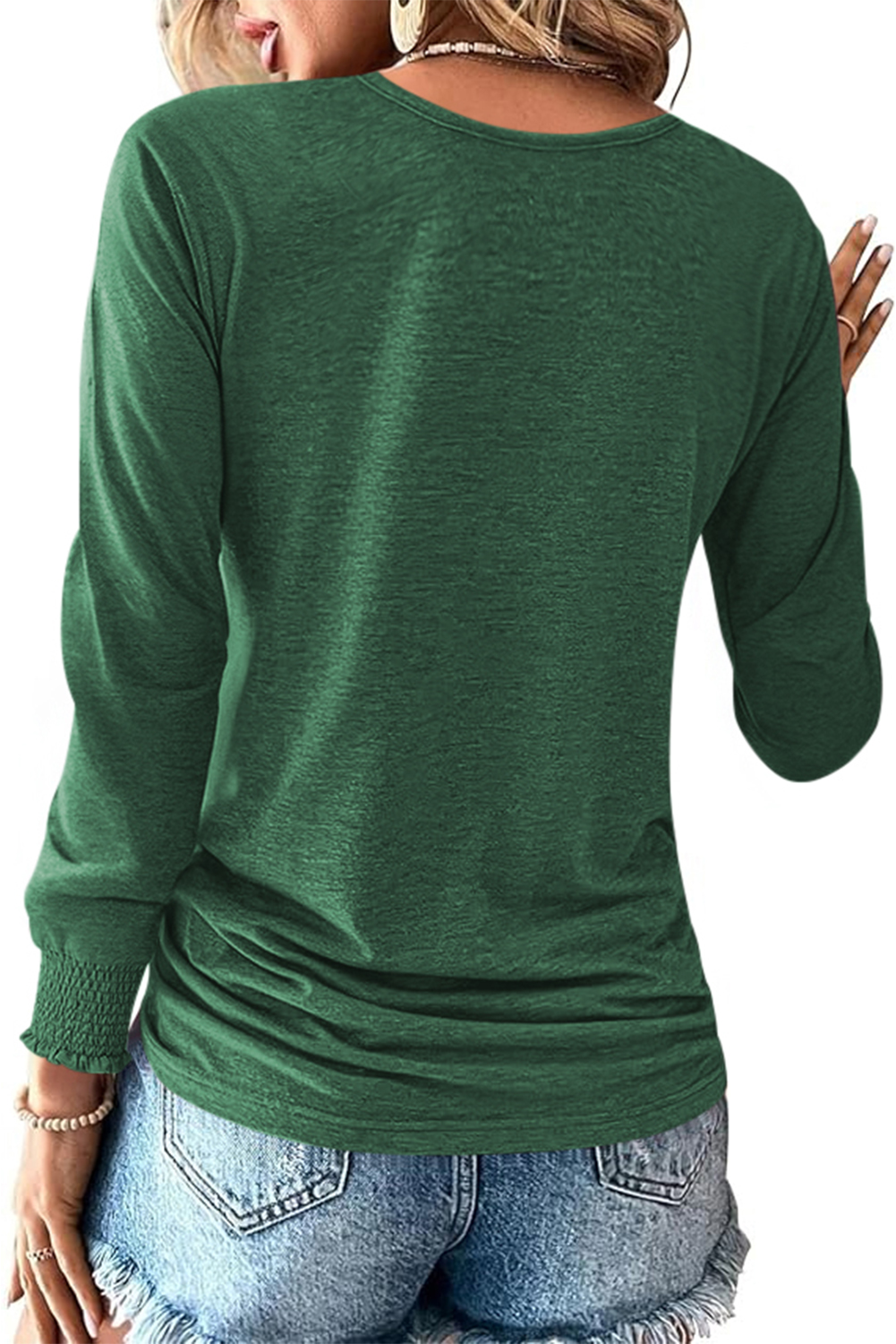 Blackish Green U Neck Smocked Cuffs Side Drawstring Henley Top - loveforevers