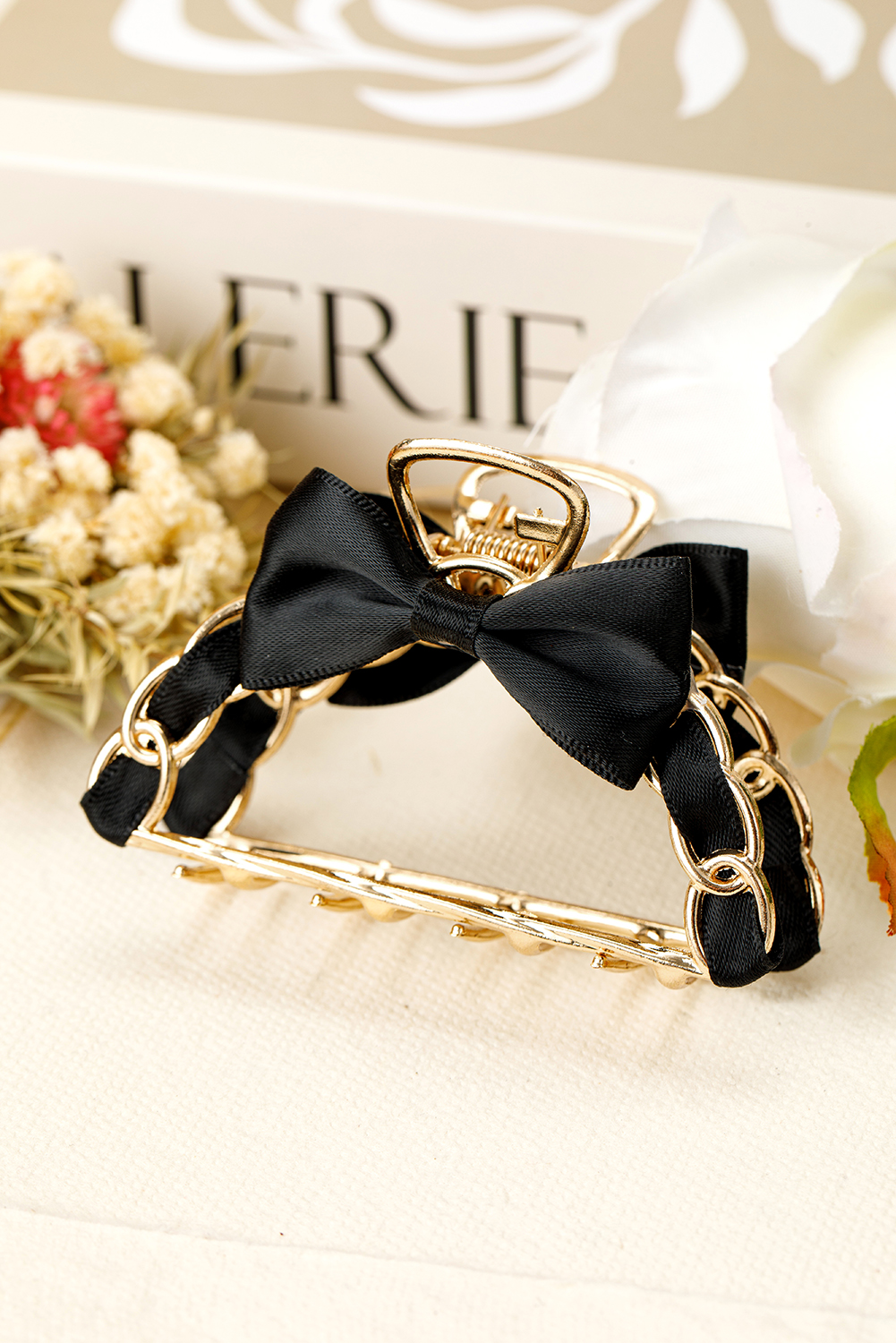 Black Ribbon Bow Detail Contrast Alloy Hair Claw Clip - loveforevers