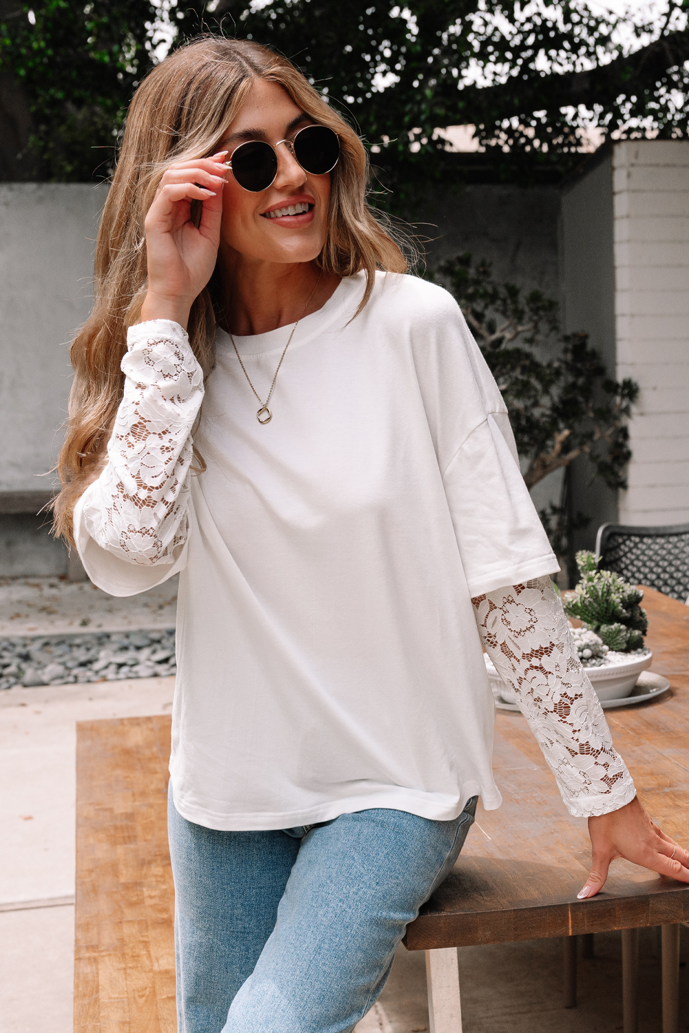 Black Lace Long Sleeve Insert Drop Shoulder Tee - loveforevers