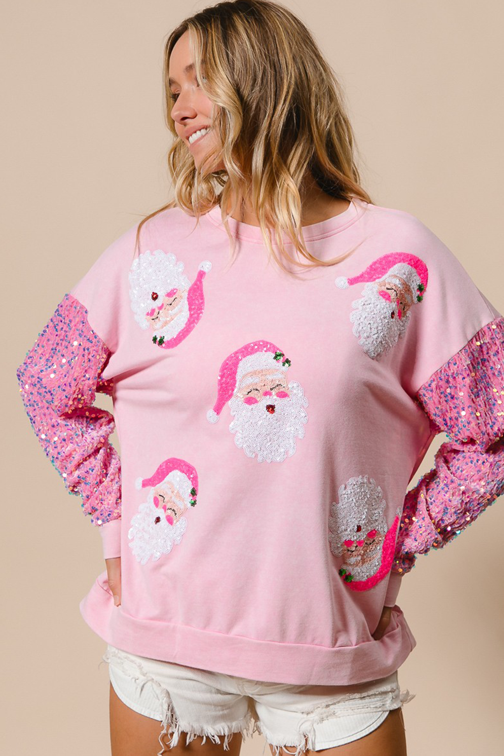 Moonlight Jade Sequined Santa Claus Long Sleeve Christmas Sweatshirt - loveforevers