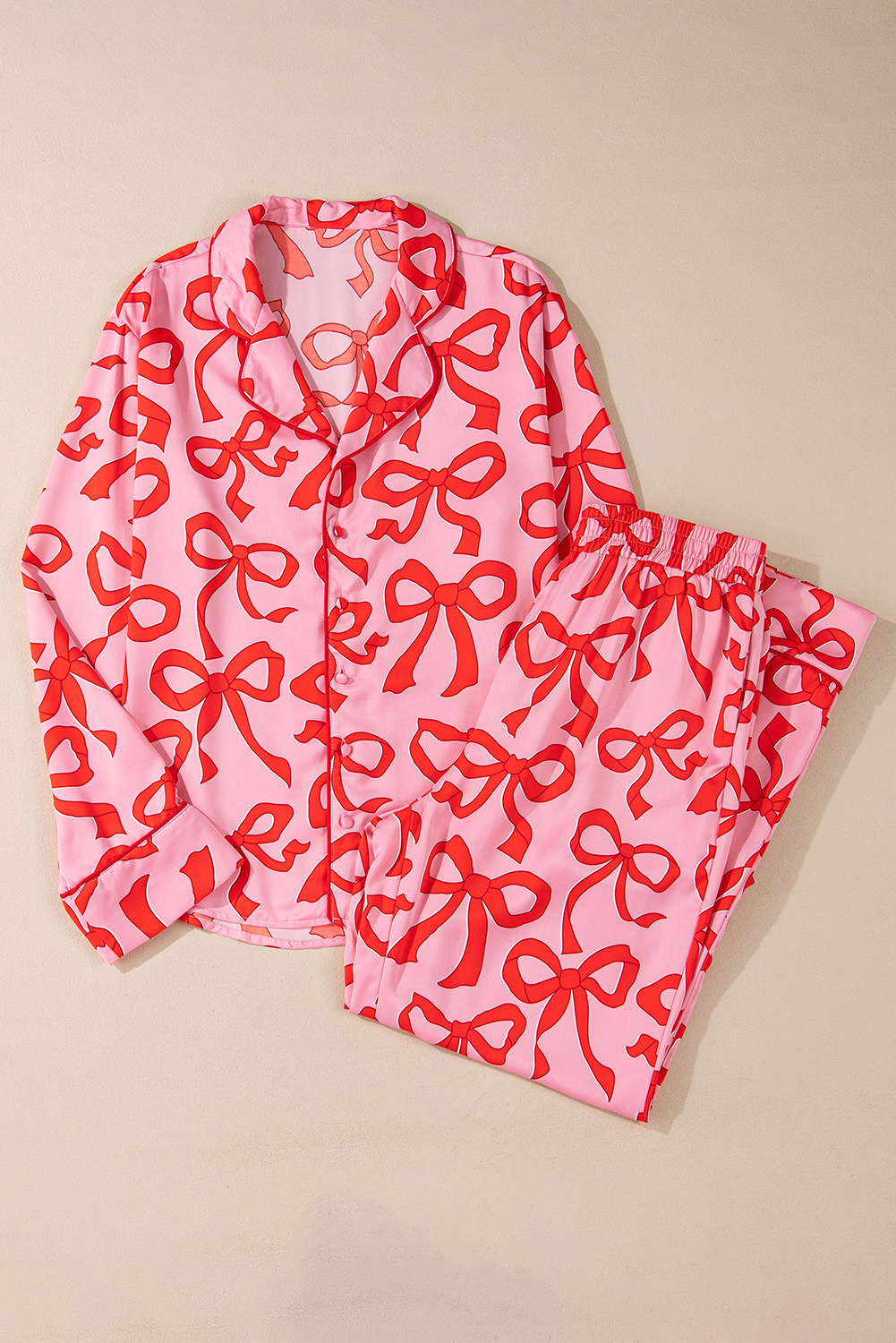 Pink 2pcs Bow Print Shirt Style Long Sleeve Pajama Set - loveforevers
